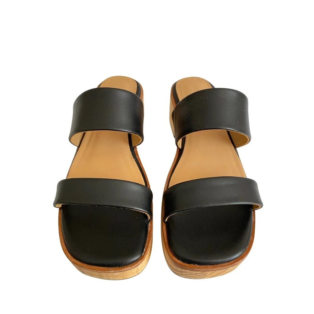 Nisolo NEW Double Strap Wood Bottom Heels Sandal Black Leather Slide Women‎ 7.5